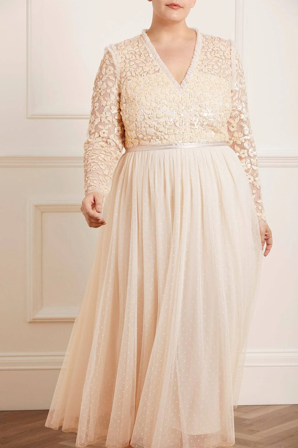 Amalie Bodice Long Sleeve V-Neck Ankle Gown