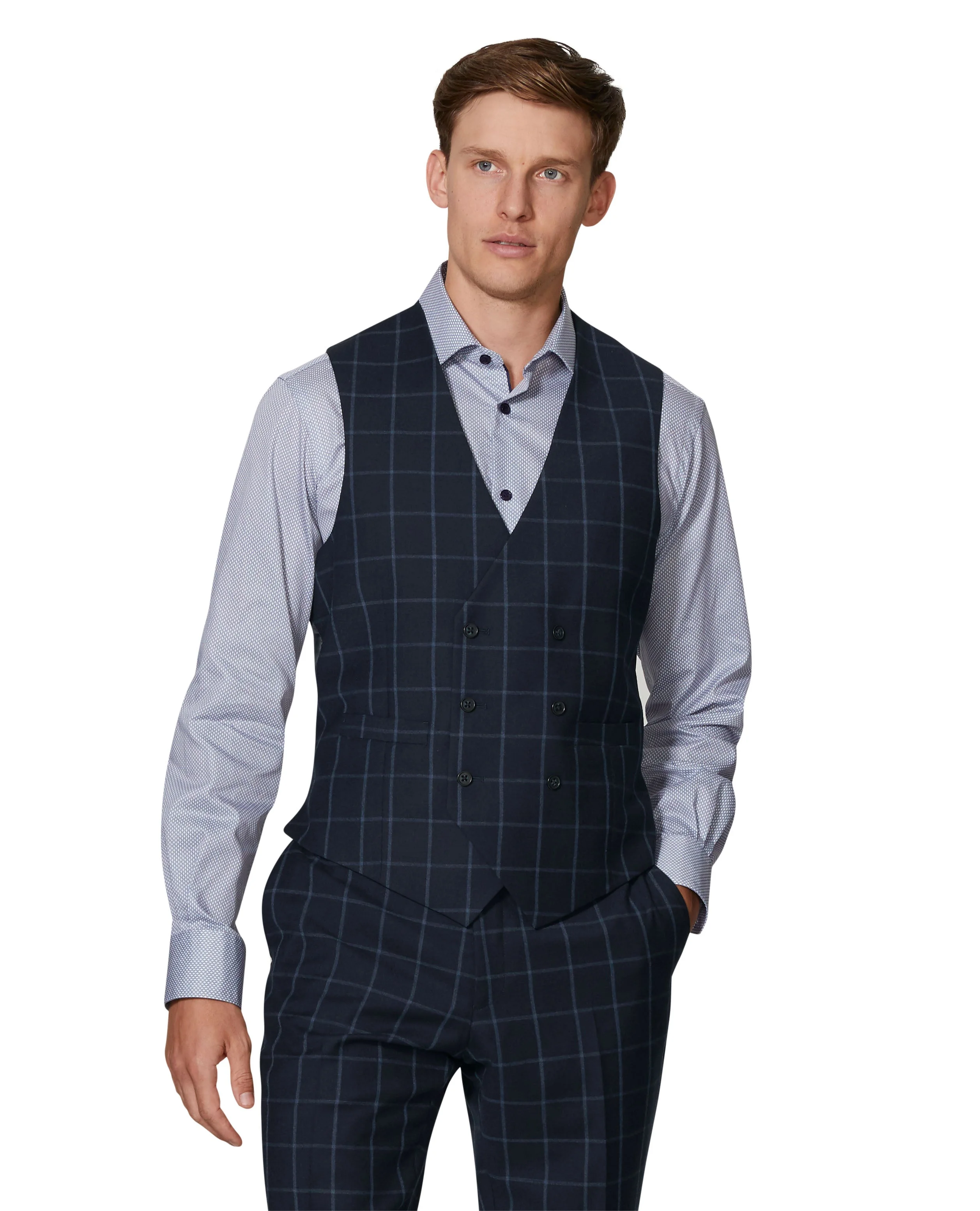 Adelphi Statement Slim Fit Navy Windowpane Check Waistcoat