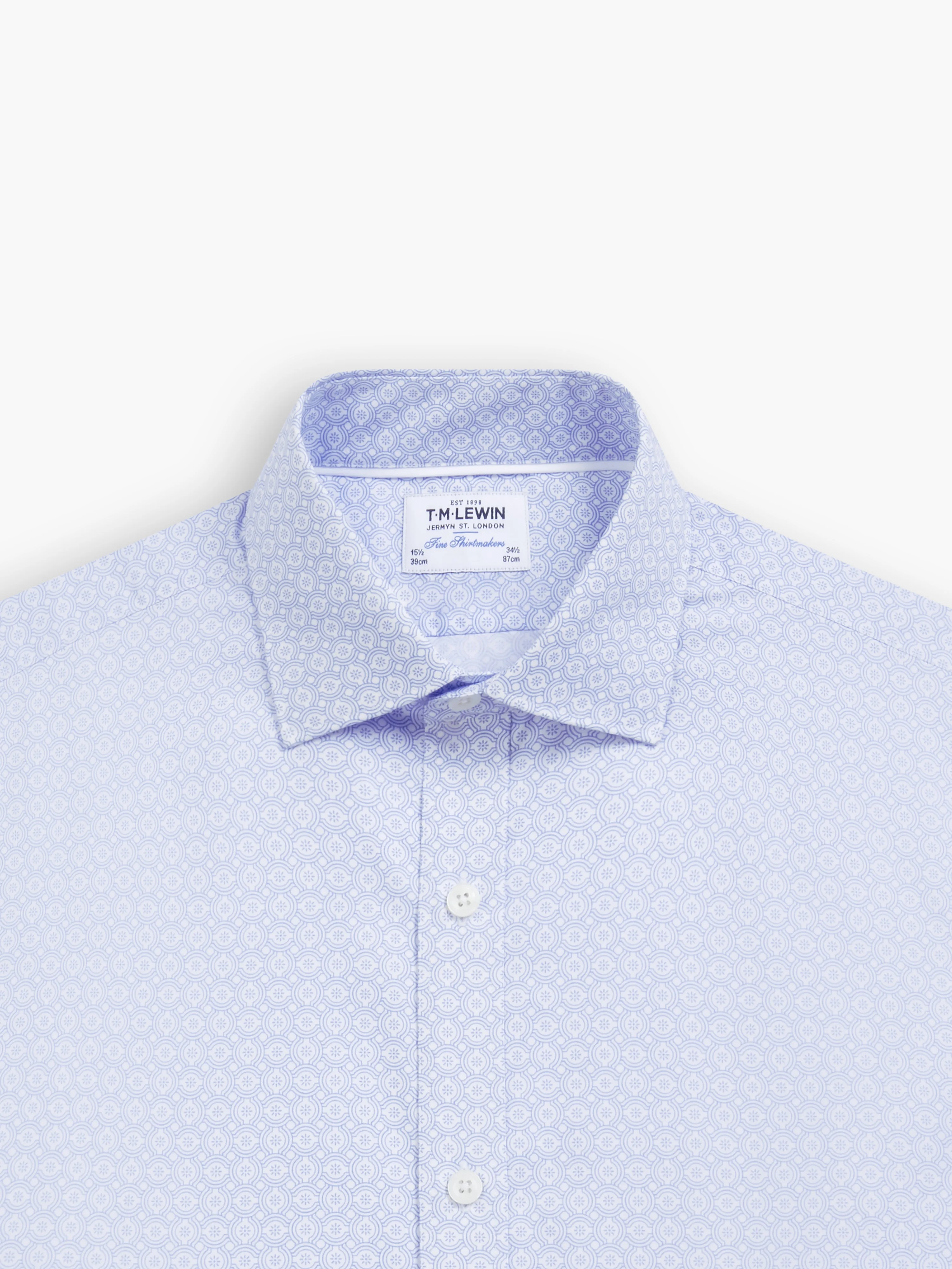 Blue Geometric Print Twill Fitted Single Cuff Classic Collar Shirt