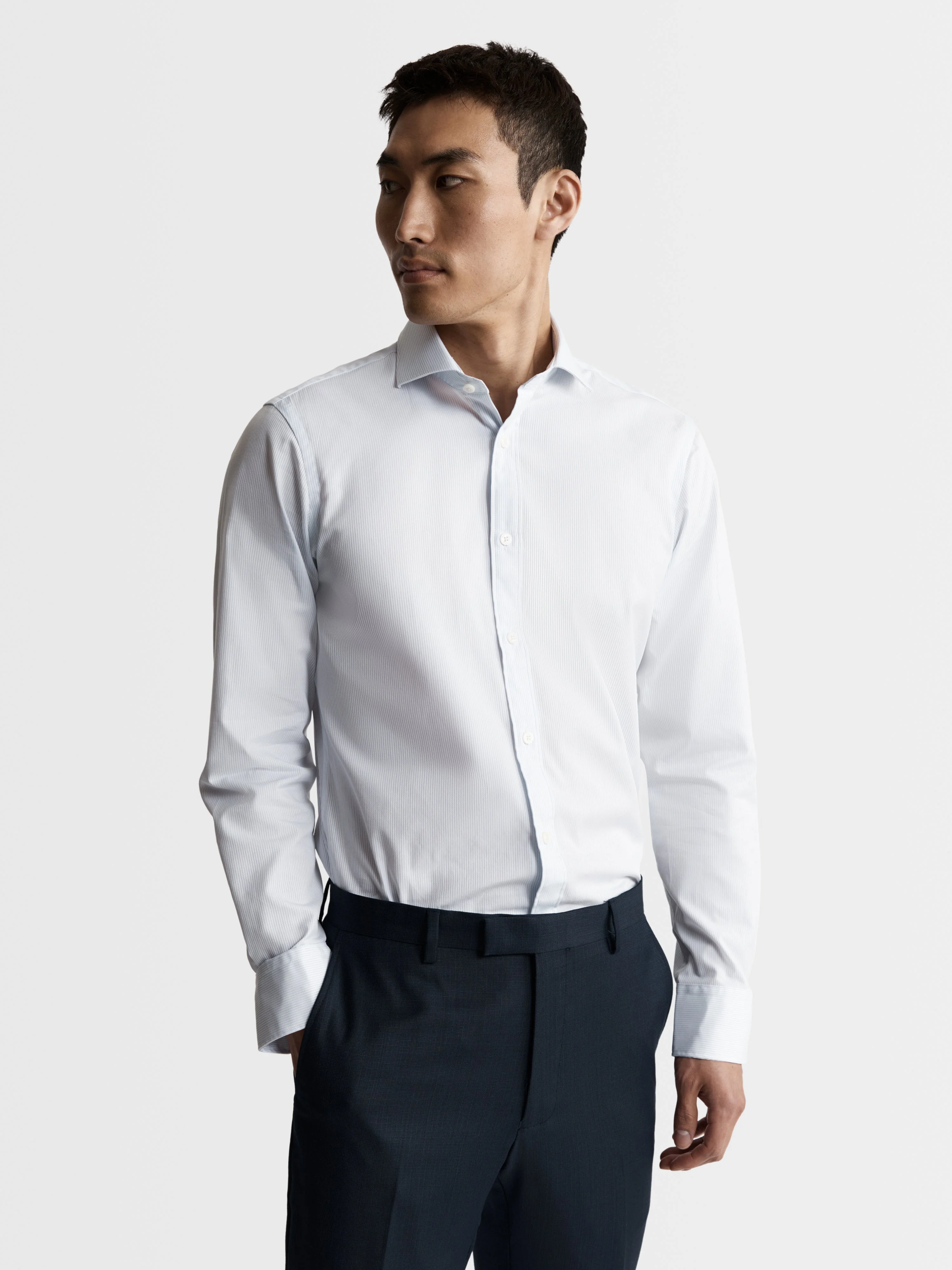 Blue Dash Pinstripe Plain Weave Slim Fit Single Cuff Cutaway Collar Shirt