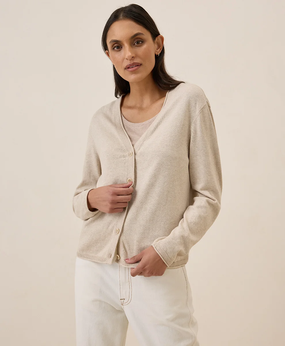 Organic clearance Classic Fine Knit V-Neck Cardigan by pact in Sandshell Heather Fair Trade, Womens Size X-Small