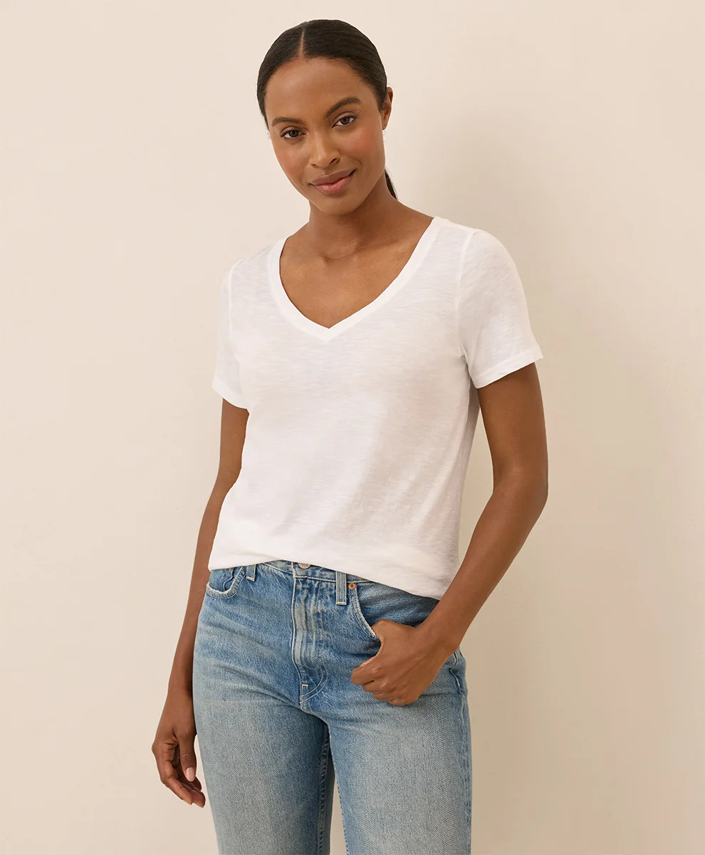 Organic Featherweight Slub V-Neck Tee by pact in White Fair Trade, Womens Size X-Large